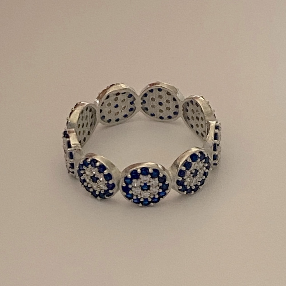 925 Silver band ring evileye blue / clear cz stones